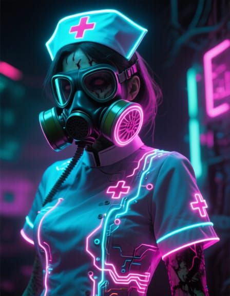 Neon Cyberpunk Nurse in Dystopian Setting