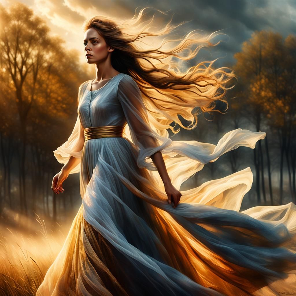 Weather-Controlling Woman with Flowing Dress as Oil Painting