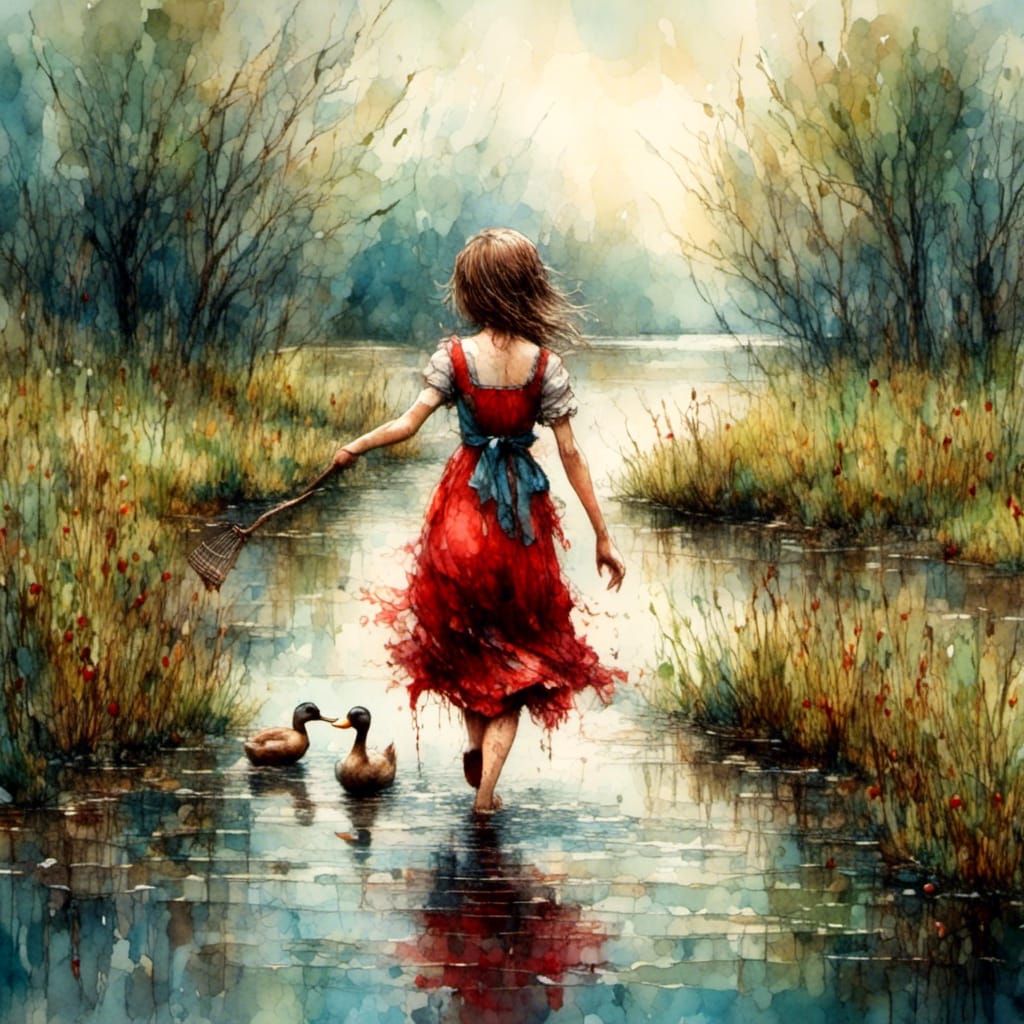 Girl Chasing Duck: Vintage Oil Painting Illustration