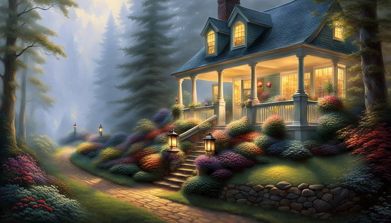 Foggy Forest Scene in Kinkade Style