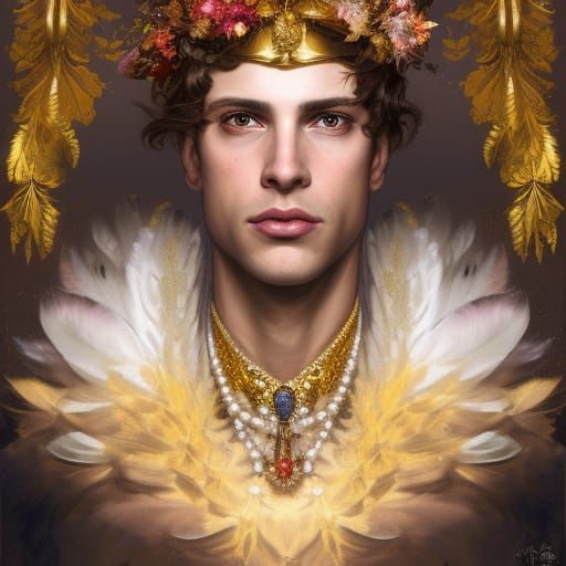 Flamboyant Man with Flowers, Feathers and Gold Crown