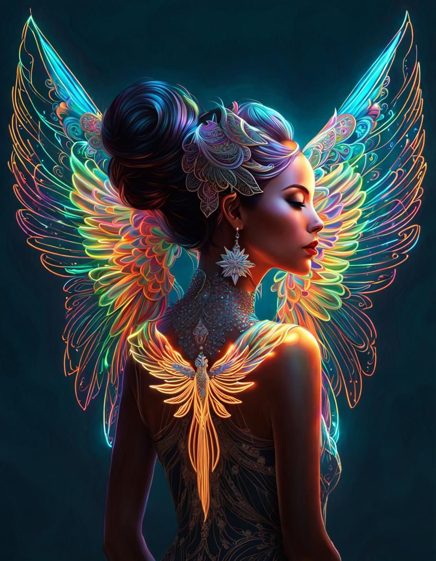 Luminous Neon Female Figure with Wings