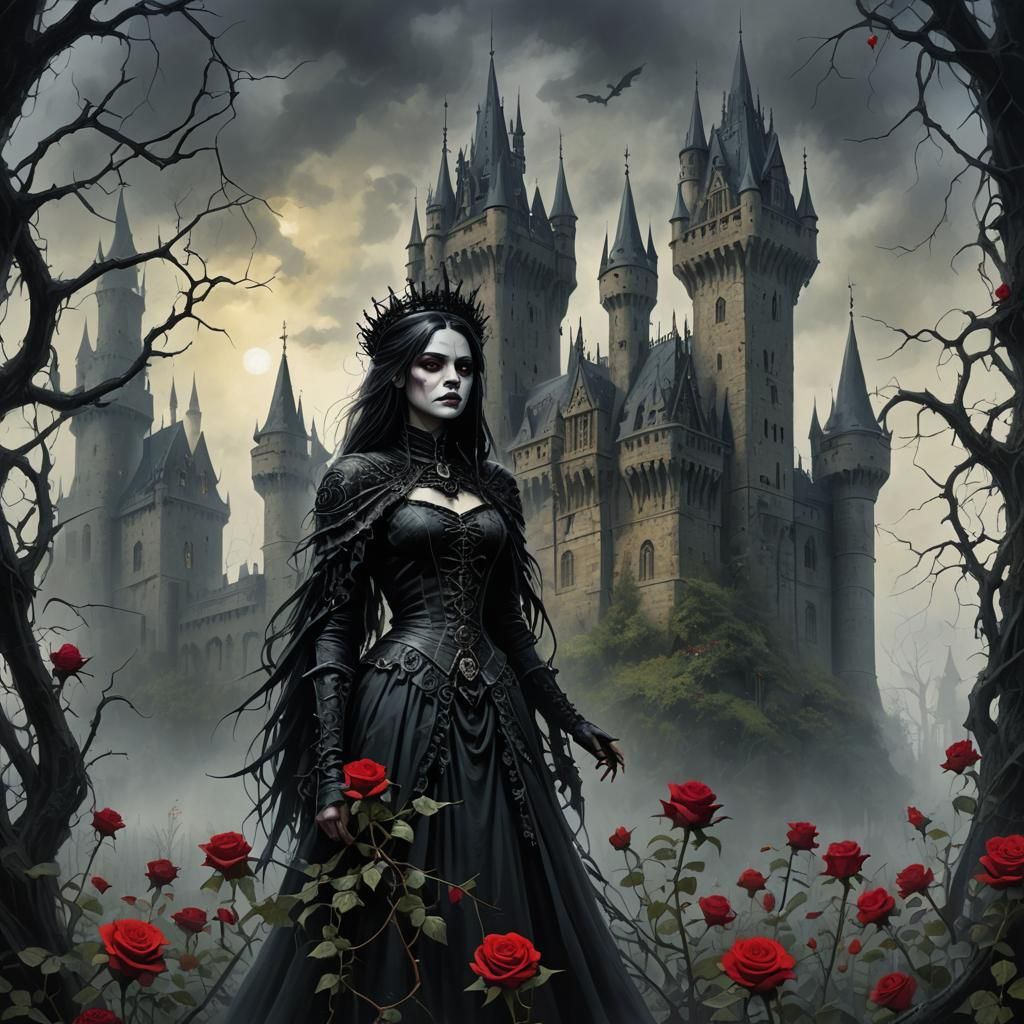 Gothic Castle with Thorny Roses in Dark Fantasy Style