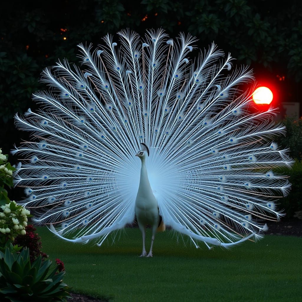 Regal Peacock Displays Vibrant Plumage in Dark Green Garden