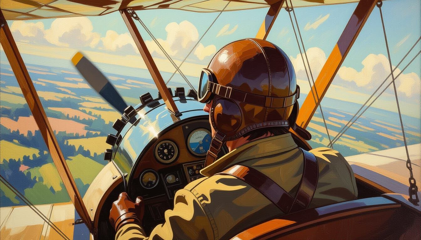 Pilot's View from Open Cockpit in Impasto Oil Style
