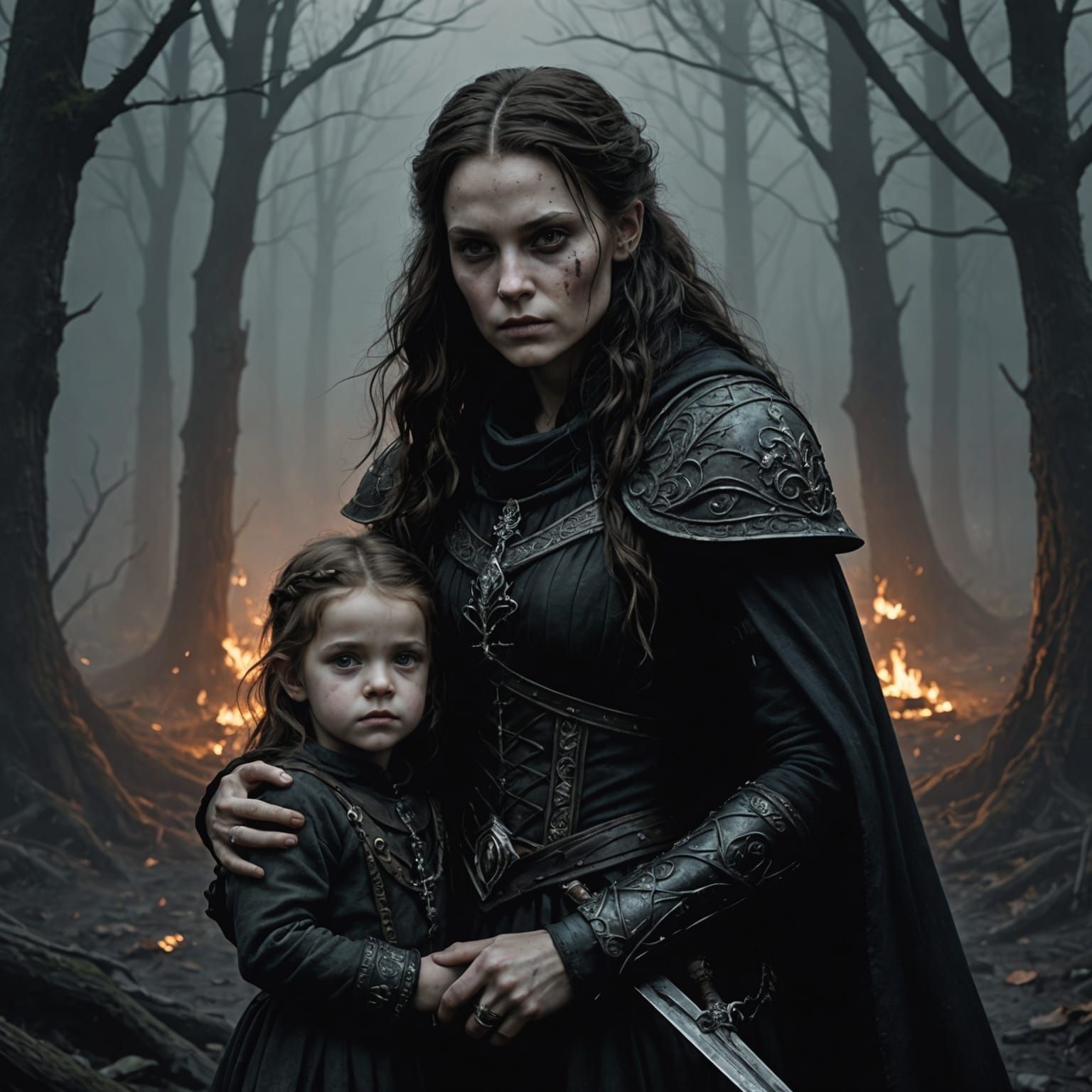 Grimdark fantasy woman and child