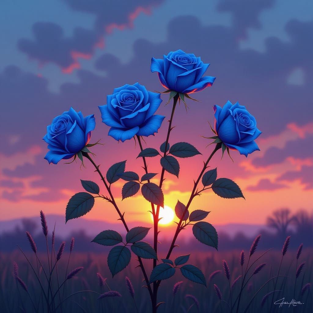 Burning Blue Roses at Sunrise in Dark Fantasy Style