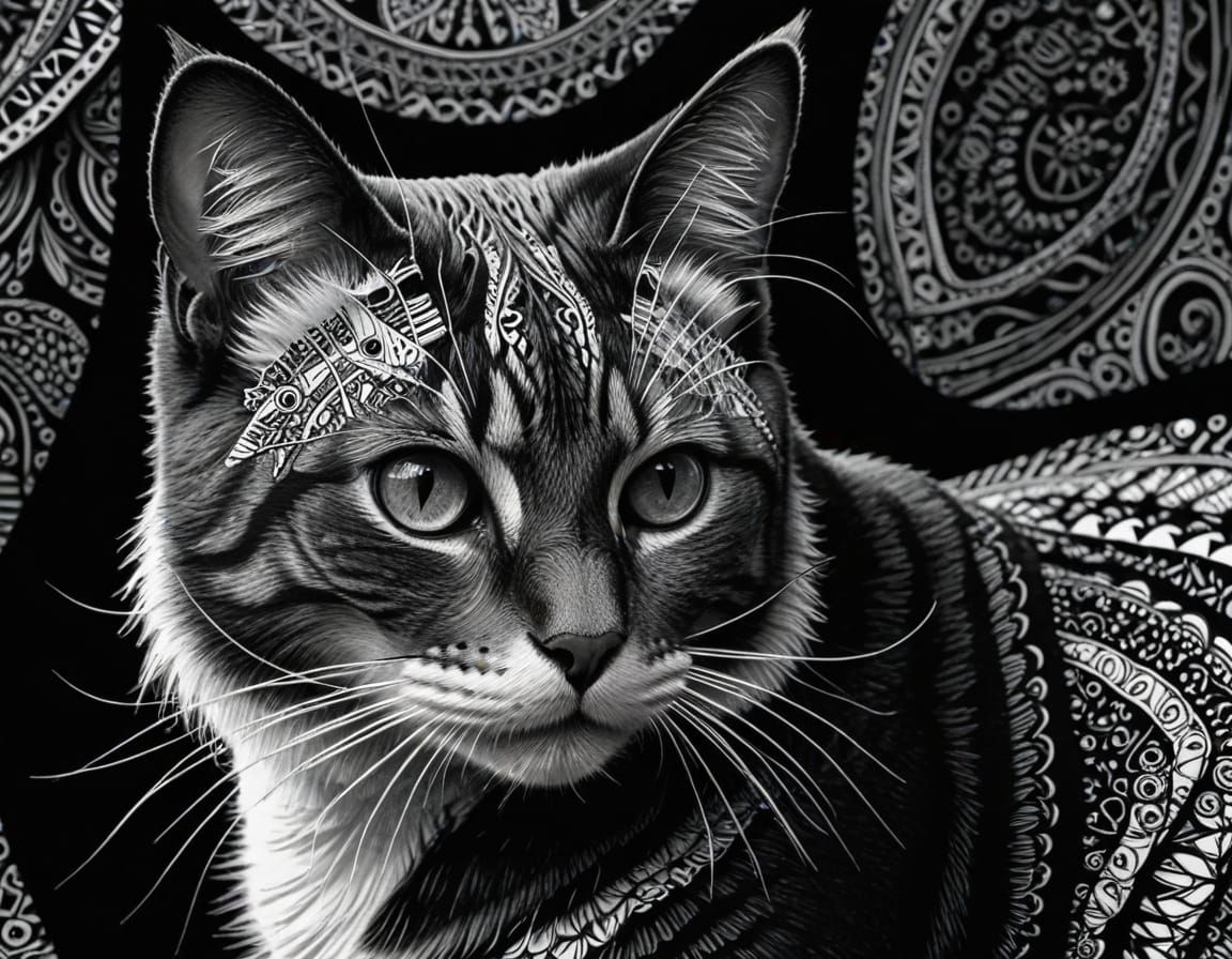 Monochromatic Masterpiece of a Black and White Cat in Zentan...