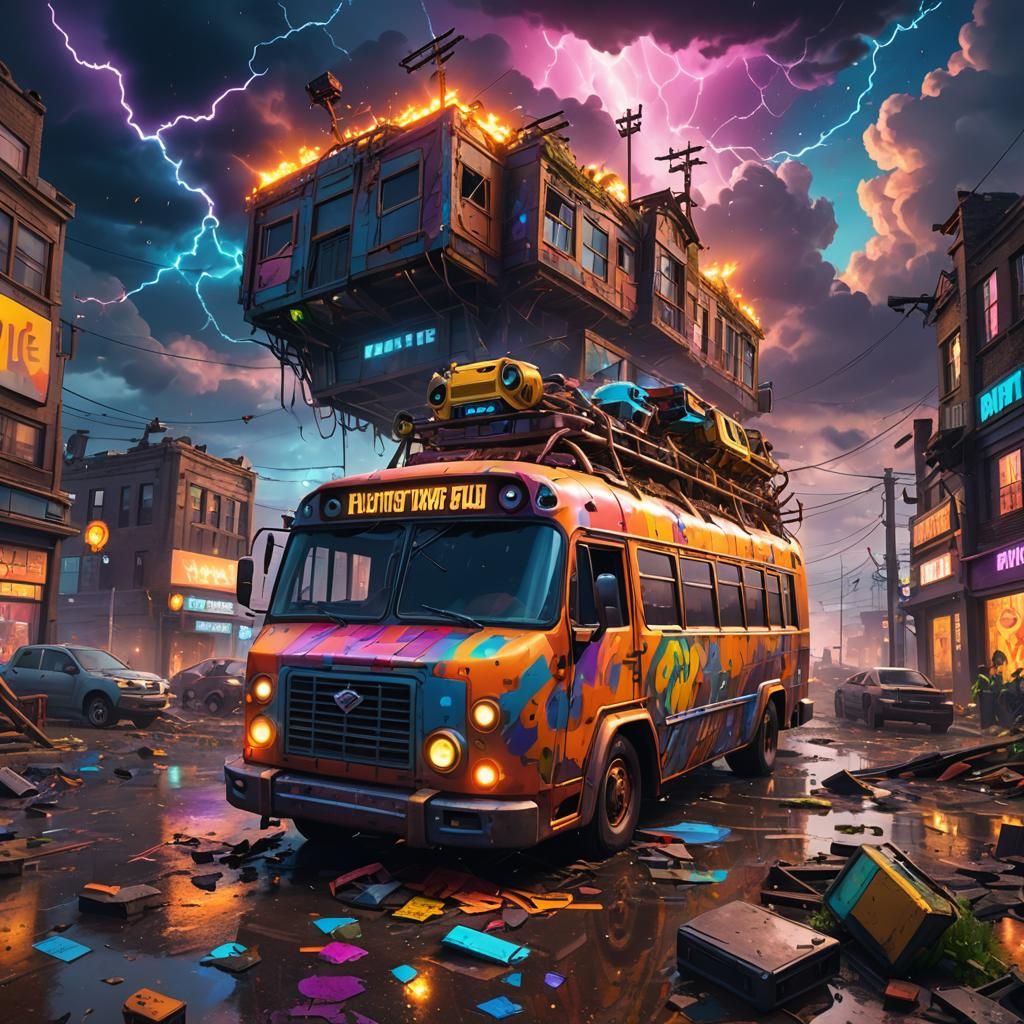 Fortnite Battle Bus Crash in Stormy Sky