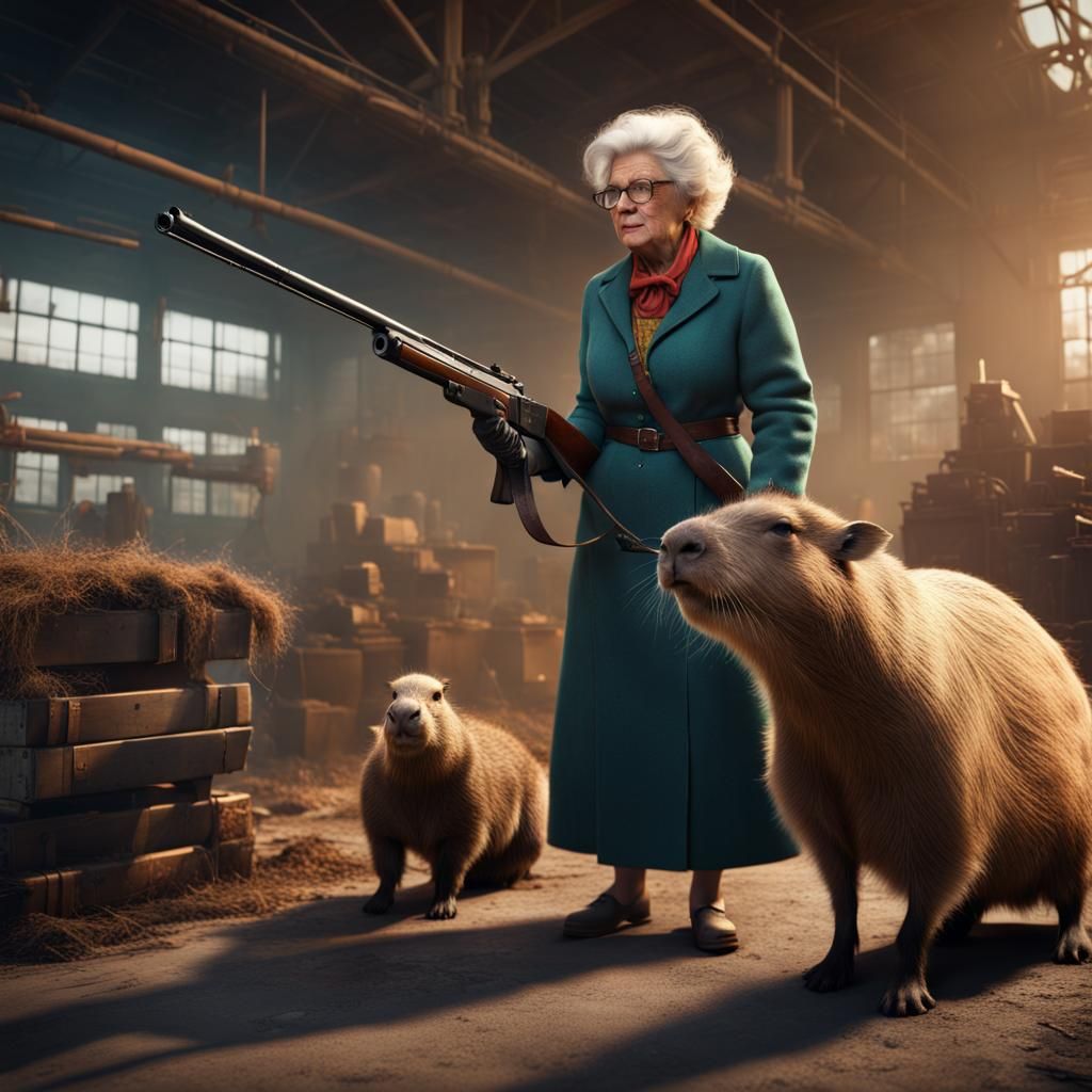 Vintage Woman Hunts Capybara in Industrial Landscape