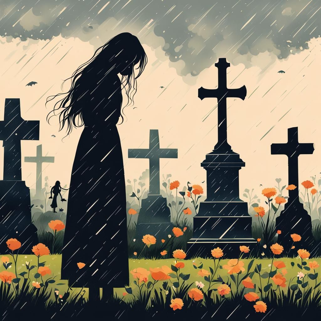 Silhouette of Woman at Gravestone in Rain