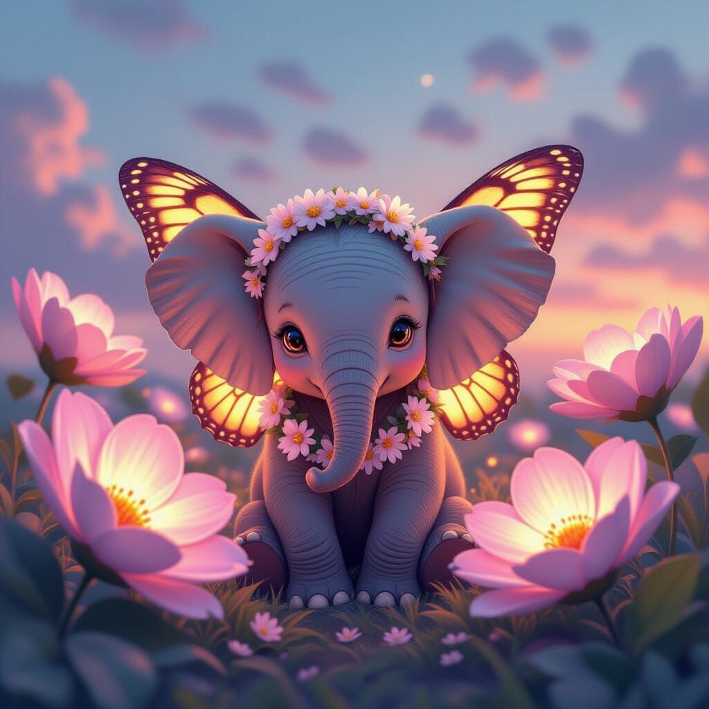 Baby Elephant with Butterfly Wings in Luminous Flower Field