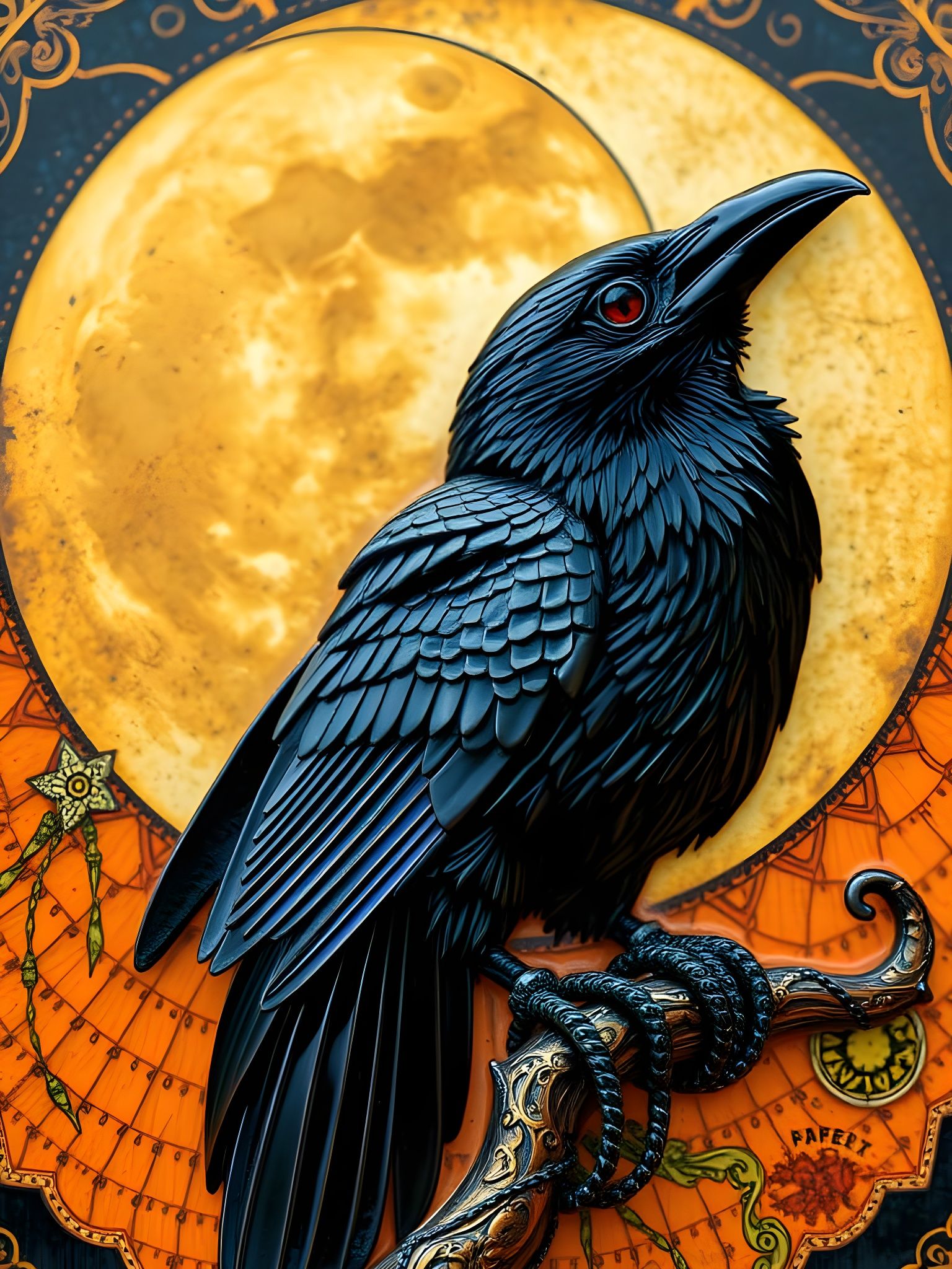 Enamel Raven with Klimt Details in Harry Clarke Style