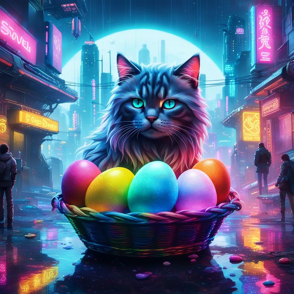 Cyberpunk Cat Hugs Eggs in Neon Cityscape