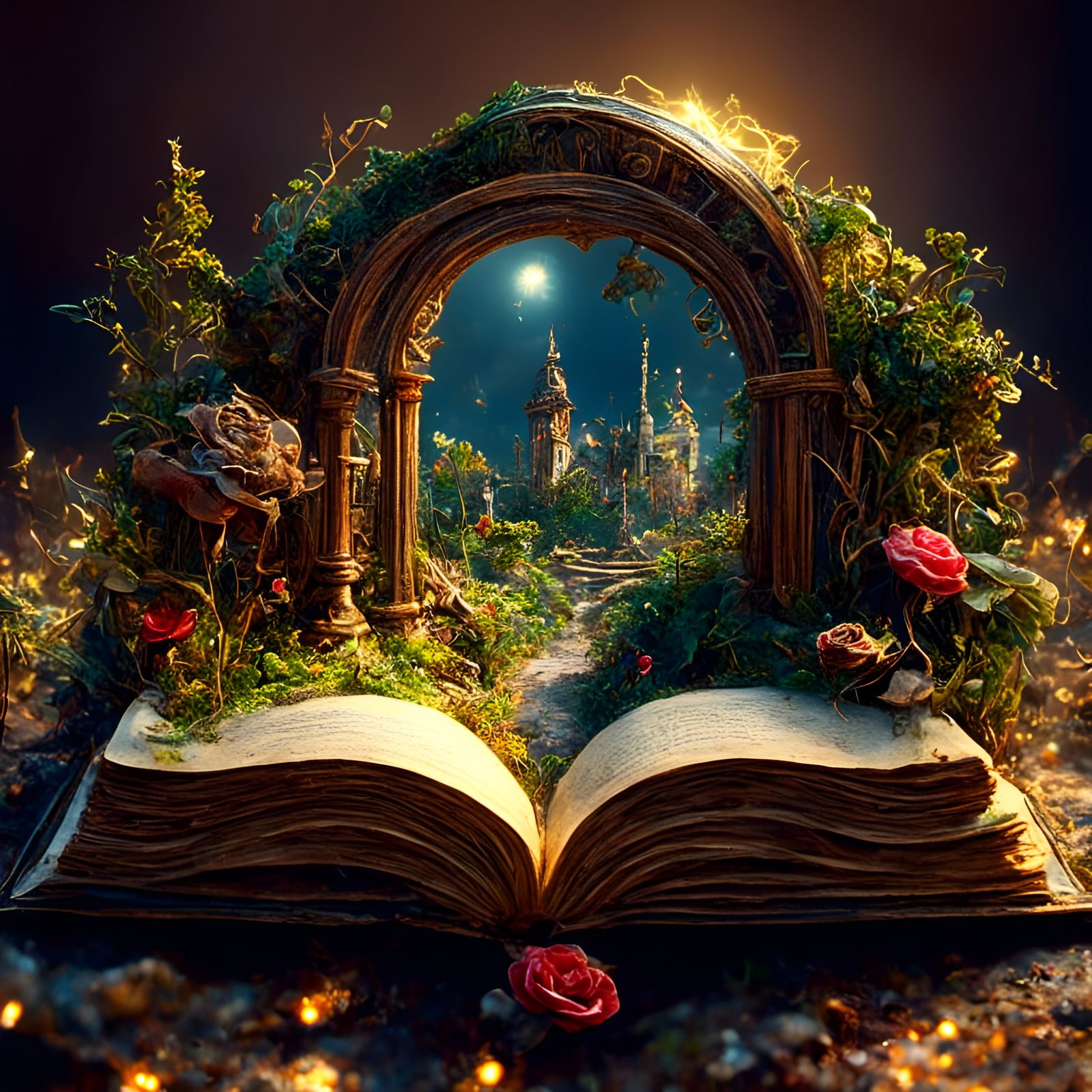 Steampunk Book Portal to Enchanted Rose Garden