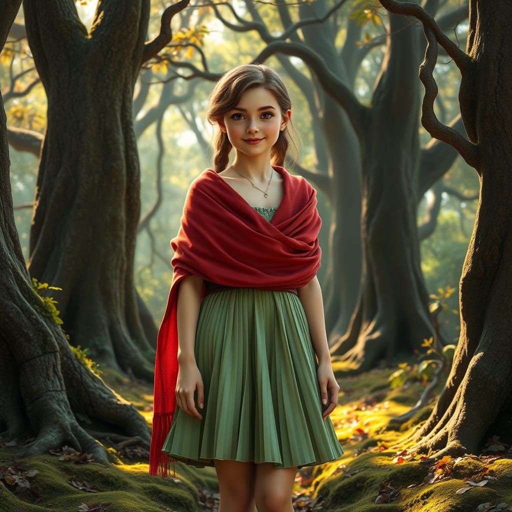Whimsical Forest Maiden in a Soft Green Skirt and Vibrant Re...