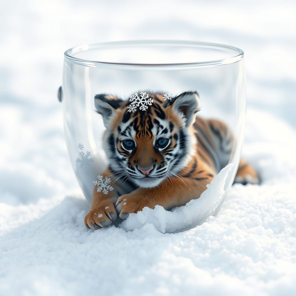 Double Exposure: Tiger Cub in Snowy Glass