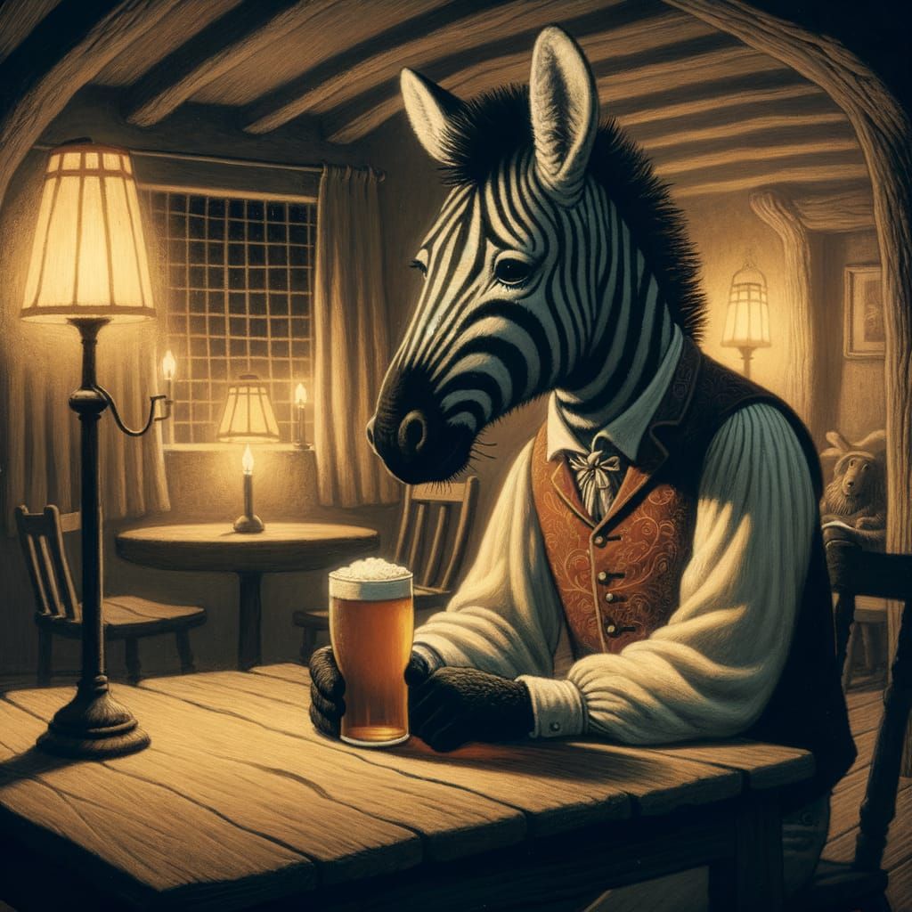 Zebra in Waistcoat Sips Ale in Cozy Tavern Storybook Illustr...