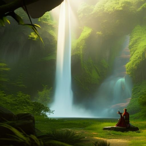 Couple by Waterfall: Hyperdetailed Art Nouveau Illustration