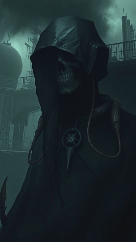 Dark Figure in Industrial Nightmare: A Surreal Biomechanical...