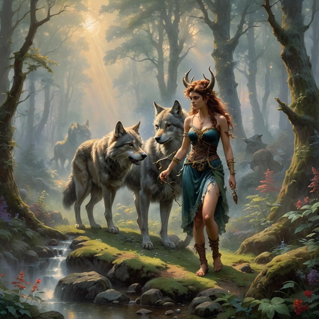 Ethereal Female Satyr with Wolf in Woods