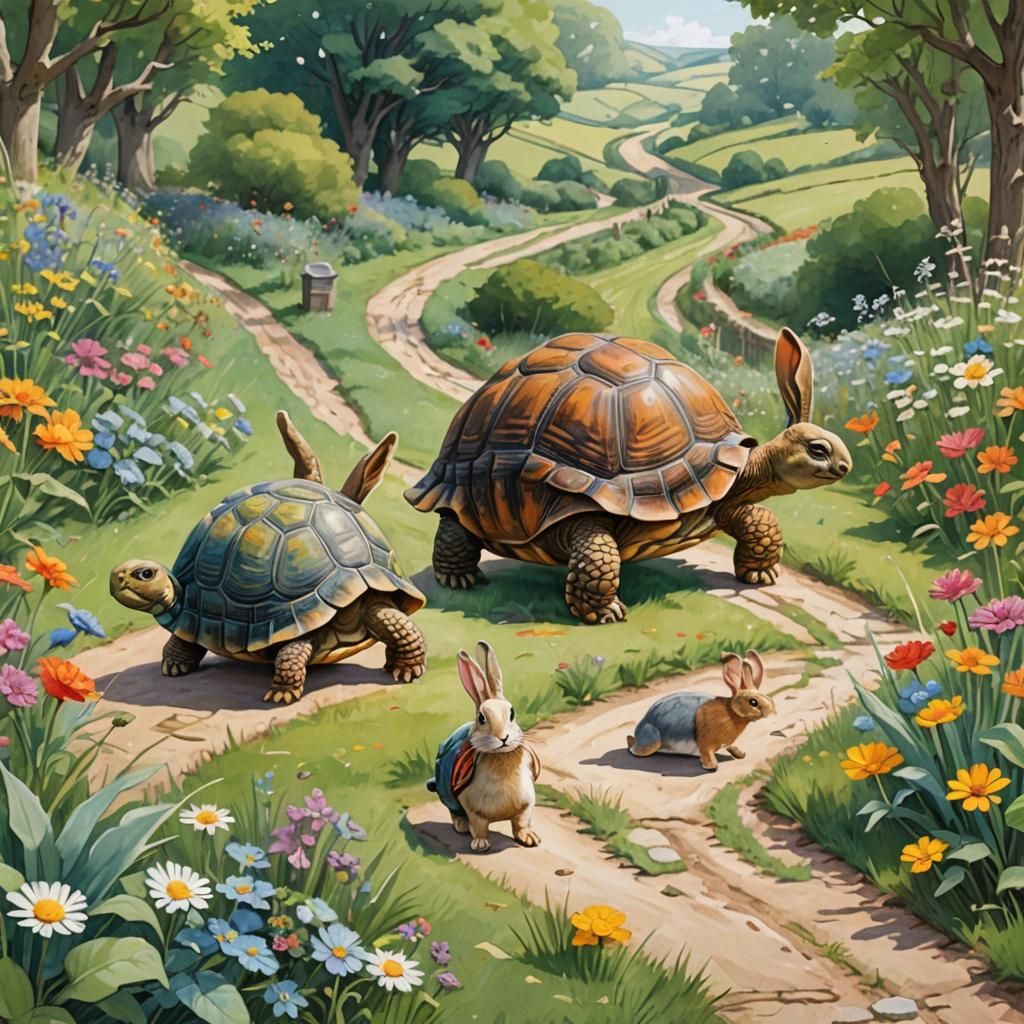 Rabbit and Tortoise Stroll on Sunny Path