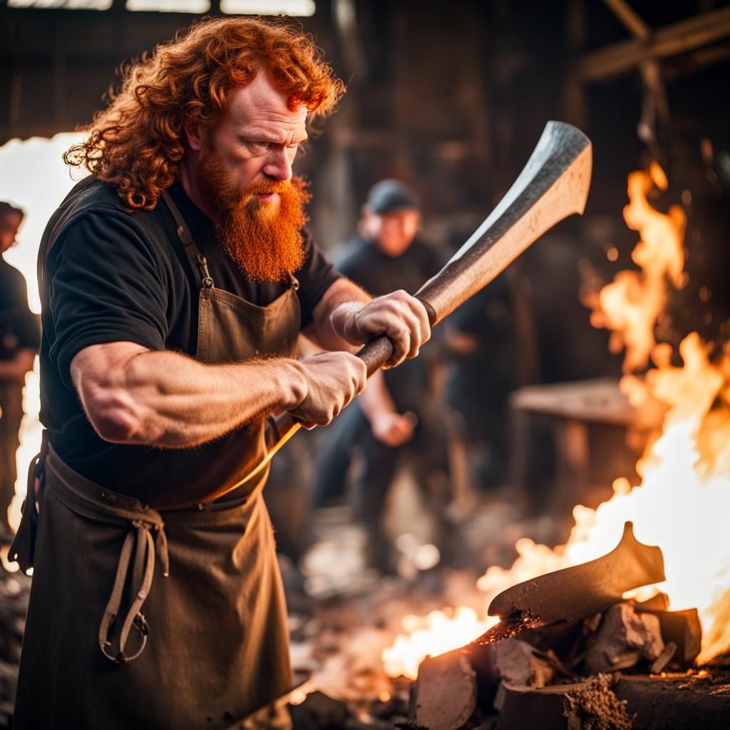 Red-Headed Blacksmith Wielding Battle Axe in Photography Sty...