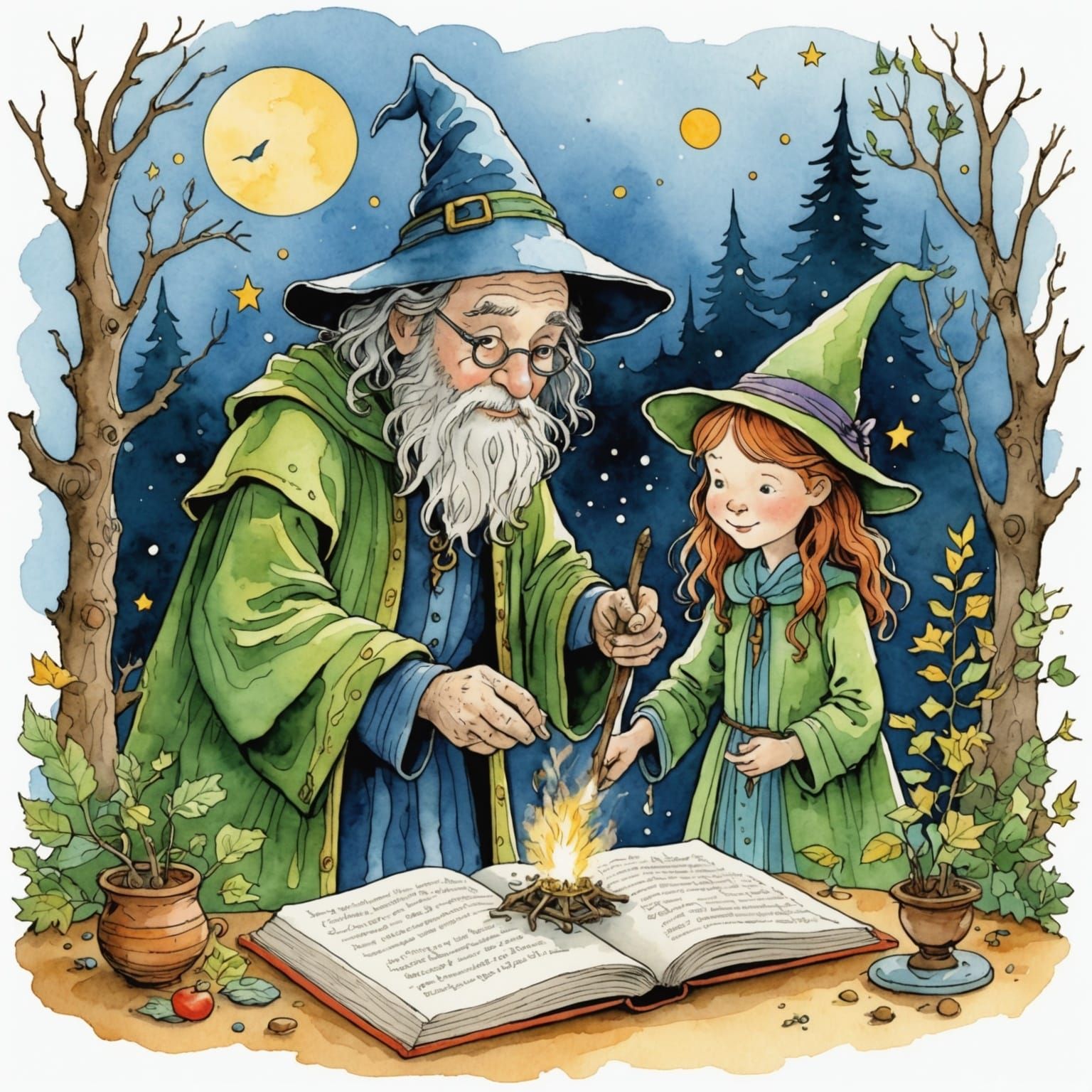 Wizard Casting Spell: Storybook Illustration