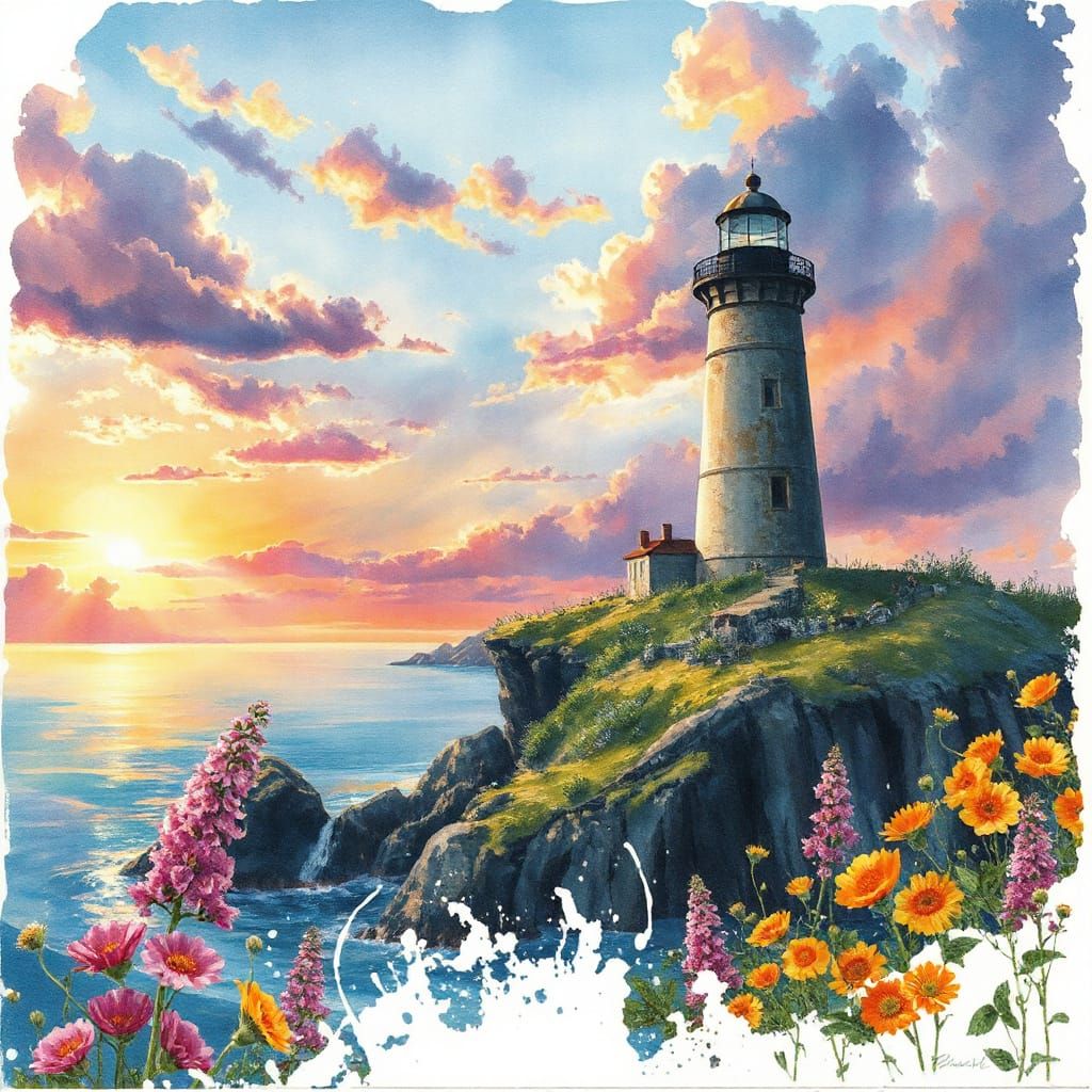 Lighthouse at Sunset in Fairytale Watercolor Style