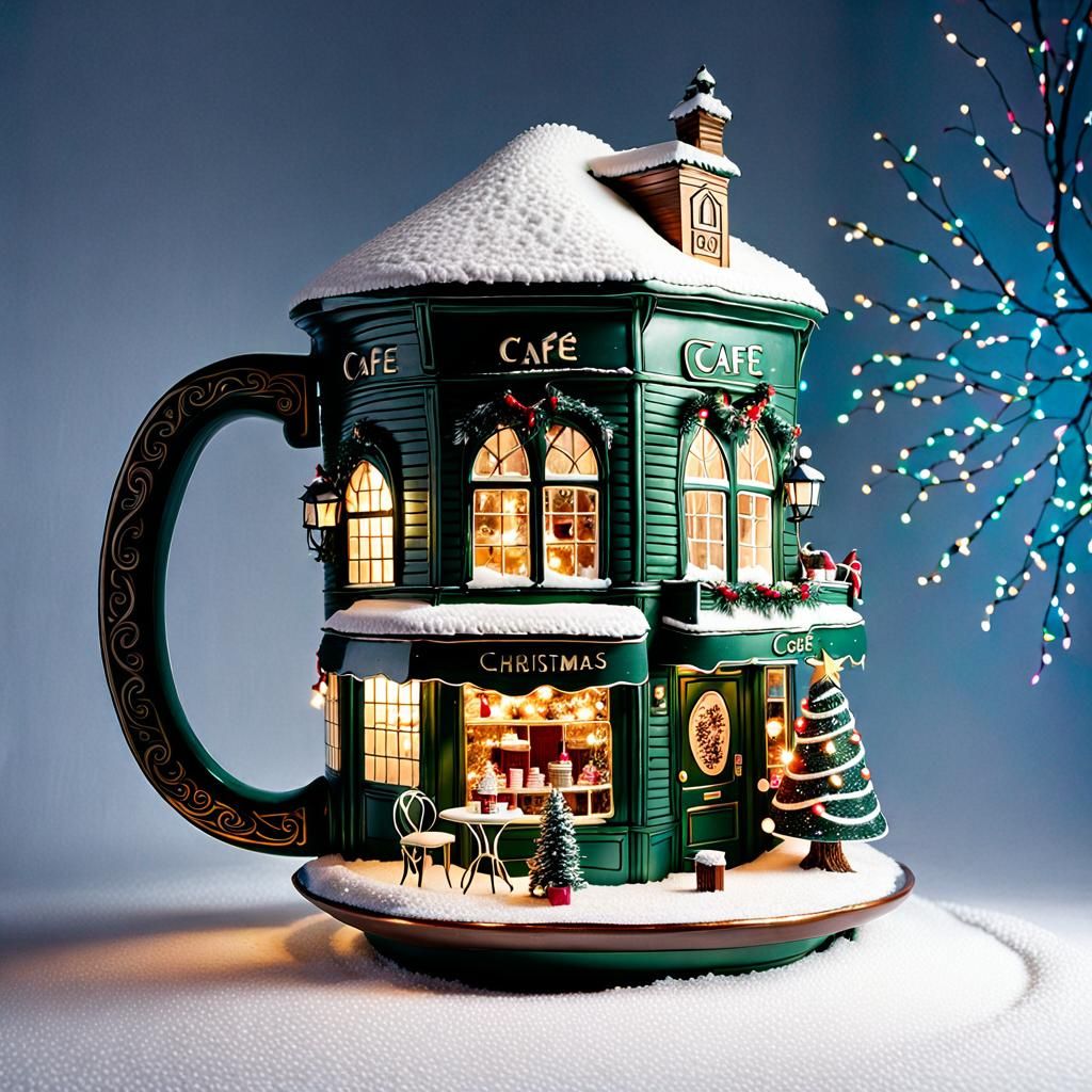 Whimsical Christmas Cafe Coffee Mug Sculpture