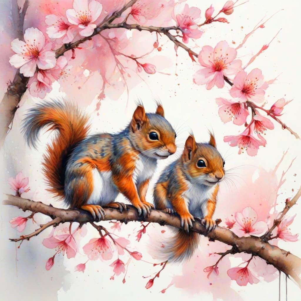 Squirrels in Cherry Blossom Wonderland