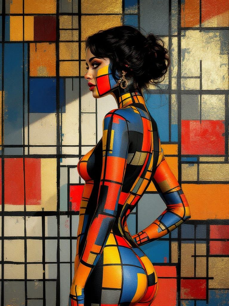 Woman Merges with Geometric Wall in Lautrec & Soutine Style