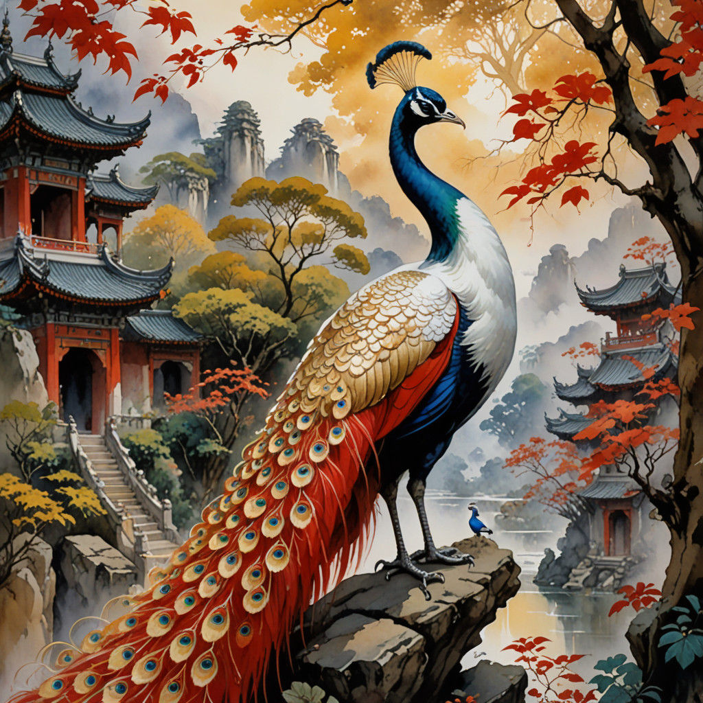 Vibrant Asian Peacock in Watercolor