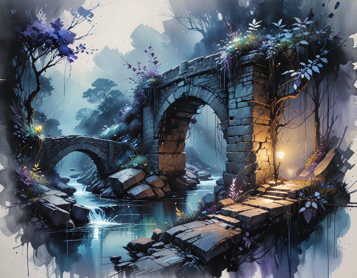 Ethereal Watercolor Stone Bridge in Silent Ravine