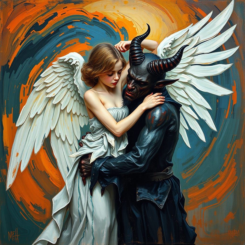 Surreal Encounter of Angel and Demon in Vivid Colors