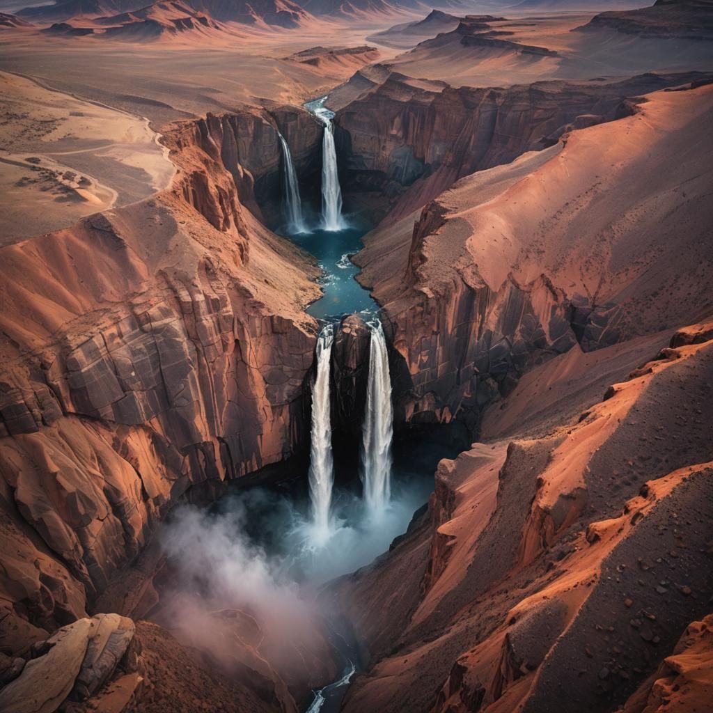 Dramatic Desert Waterfall at Sunset: Aerial View