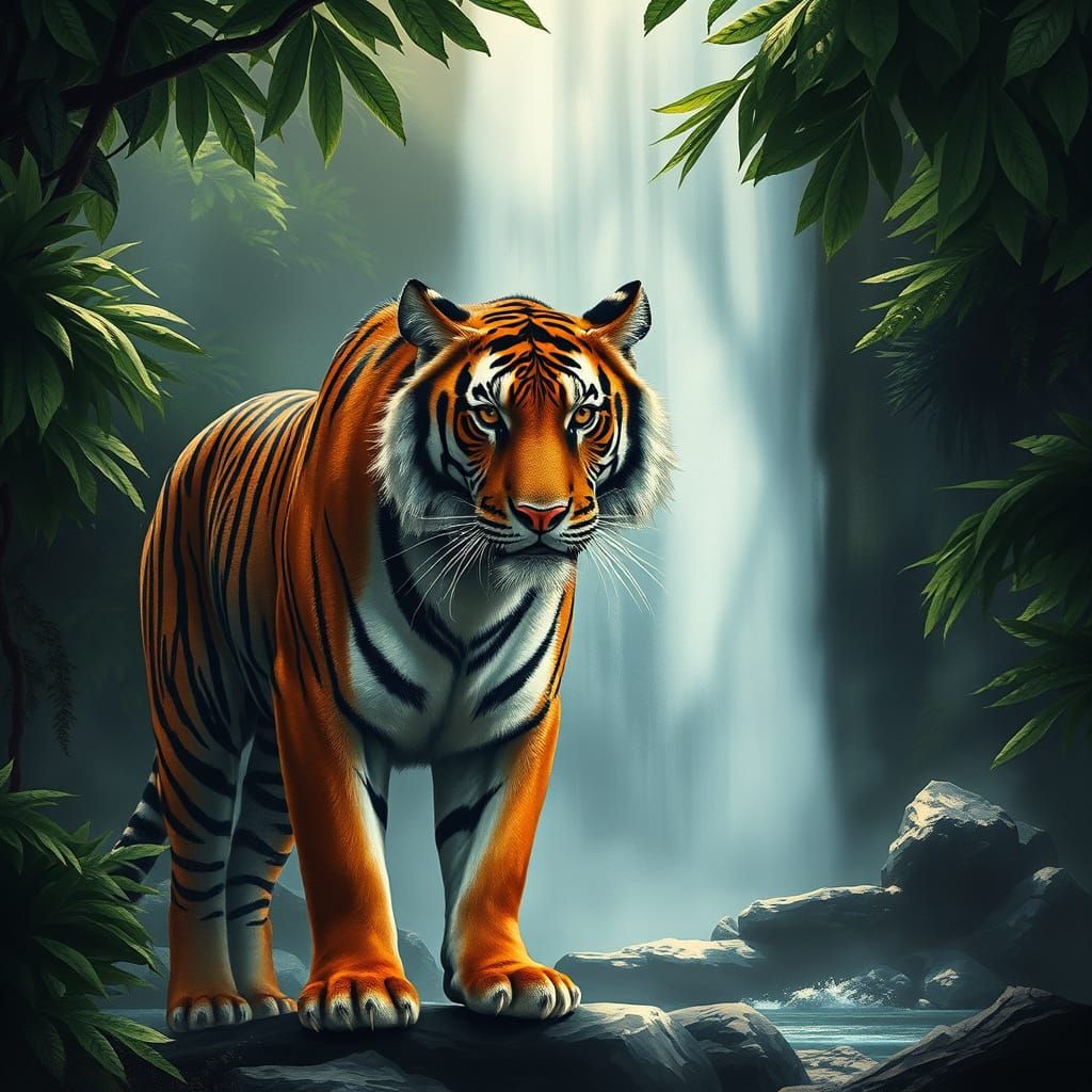 A captivating oil painting of a regal Bengal tiger standing ...
