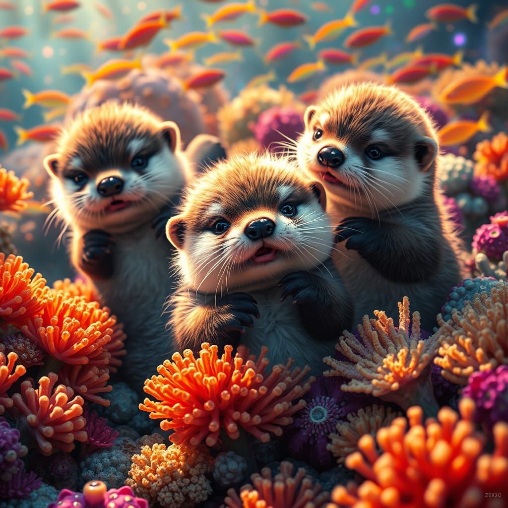 Whimsical Baby Otters in Vibrant Coral Reef Scene