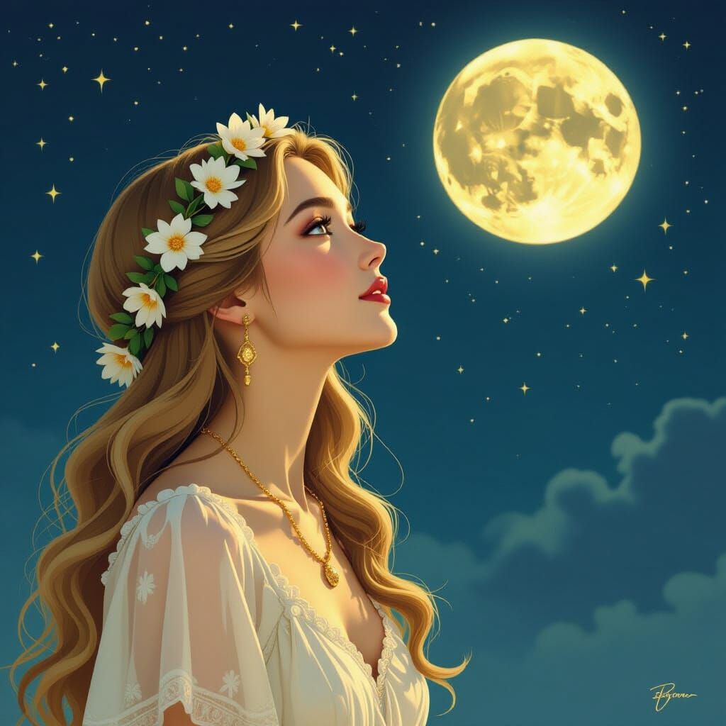 Woman Gazing at Moon in Art Nouveau Style