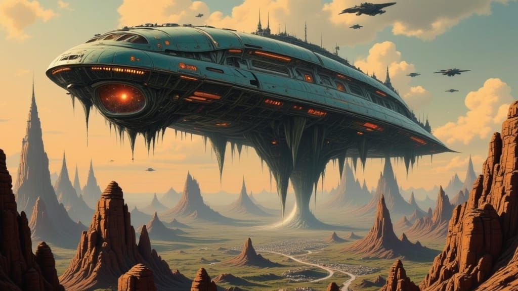 Alien Invasion Spaceship Descends Over City