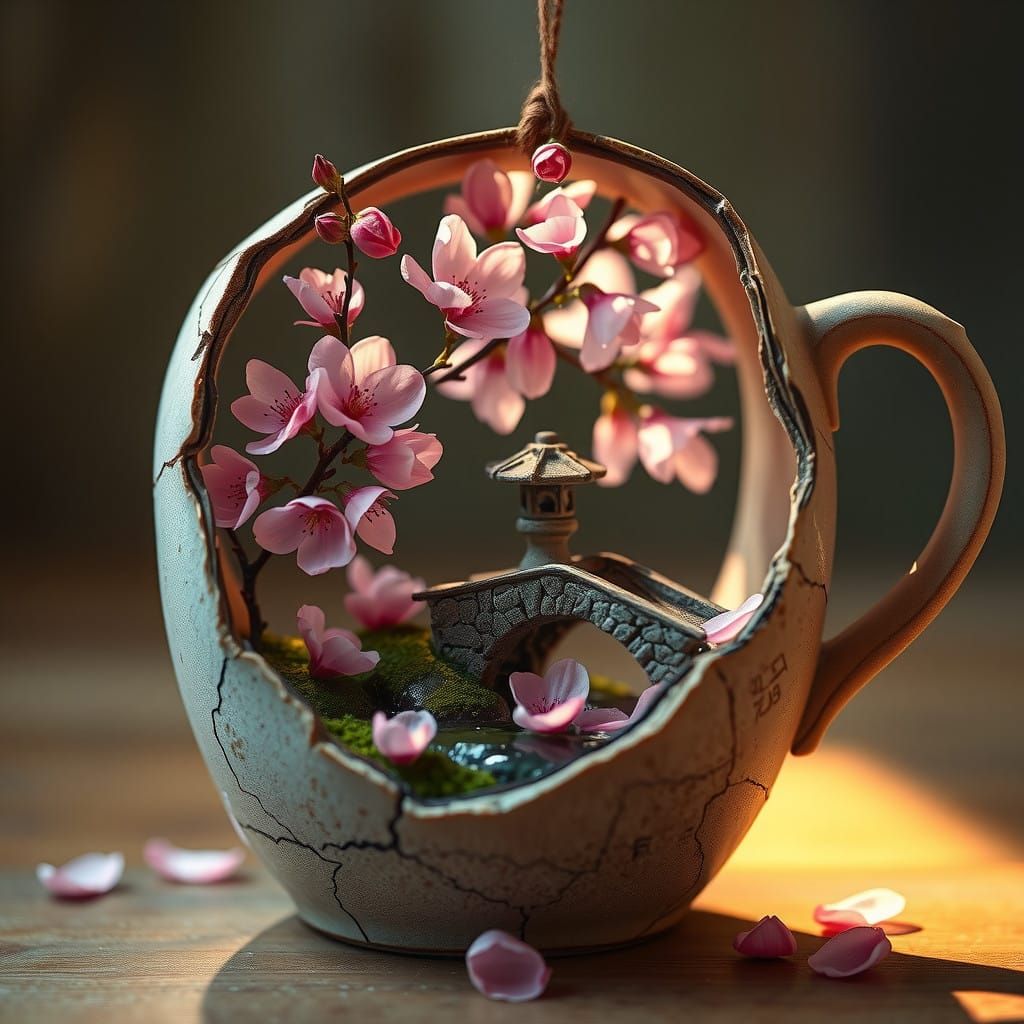 Serene Sakura Garden Within a Cracked Ceramic Mug