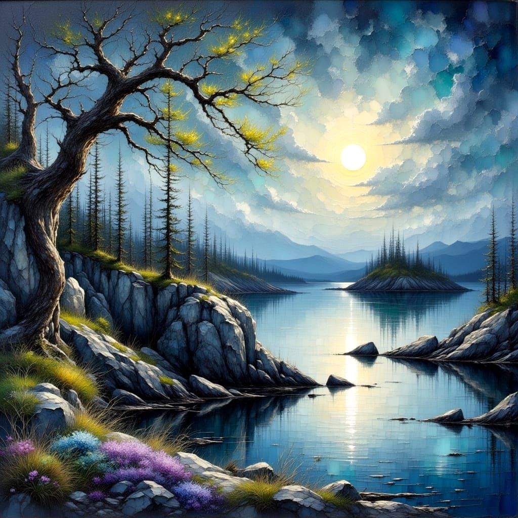 Majestic Newfoundland Spring Harbor Scene in Moody Impasto O...