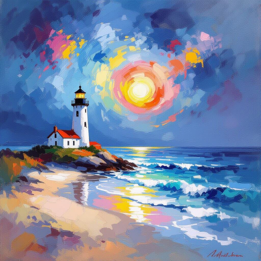 Surreal Lighthouse on Vivid Dreamlike Beach