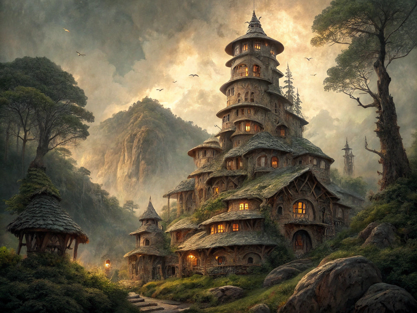 Nested Hobbit Home Tower in Expressionist Style