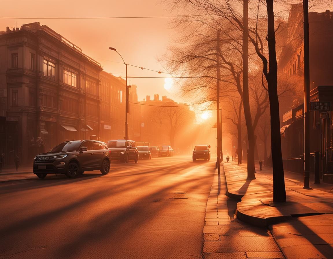 Golden Hour Street Scene with Asian Script