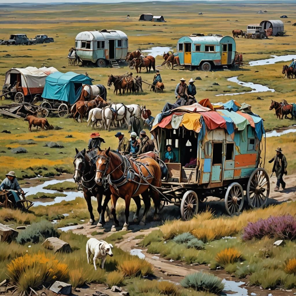 Colorful Caravan Journey Through Abstract Wasteland