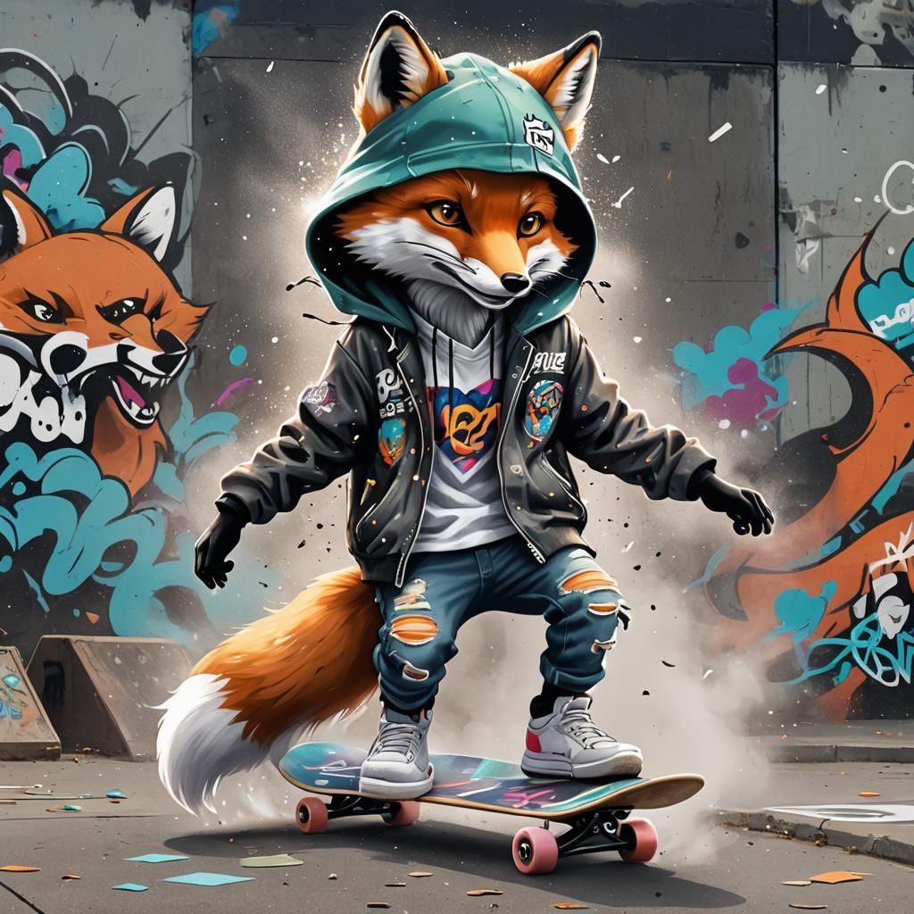 Fox Skateboarder Street Art Digital Painting