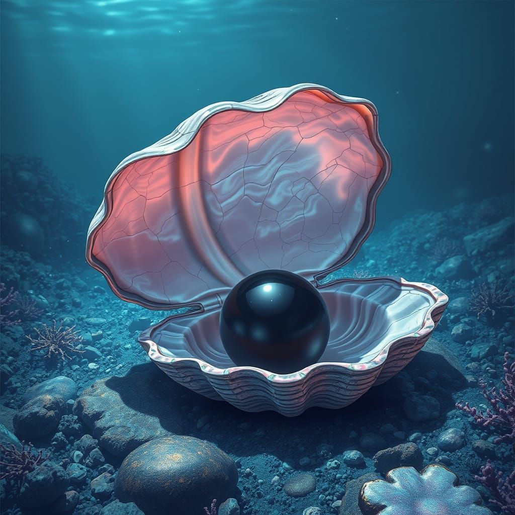 Luminous Black Pearl in an Open Clamshell at Ocean Floor