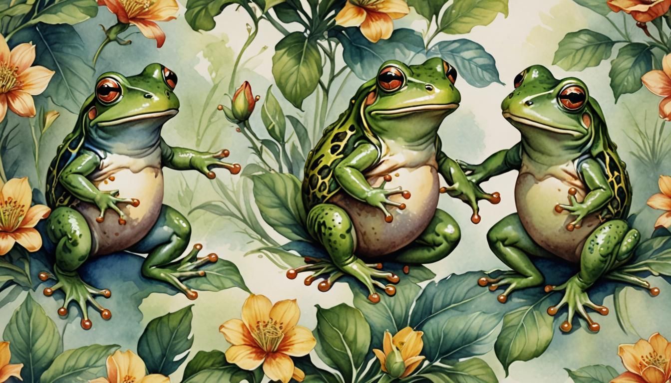 Dancing Frogs in Romantic Watercolor Art Deco Style