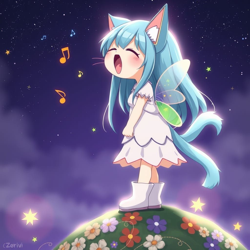 Anime Fairy Catgirl Howling at Starry Night